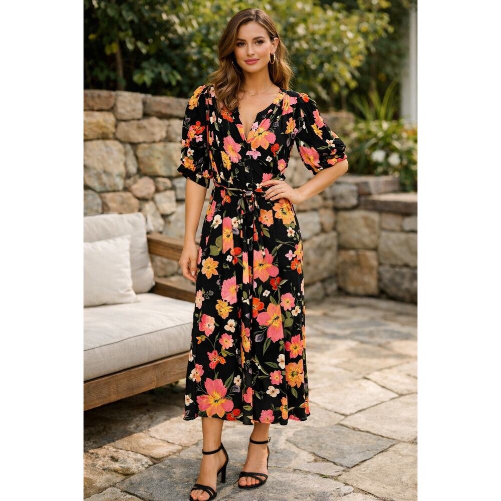 Olivaceous Women's Floral Jumpsuit Puff Sleeve Button Up Front Wide Leg Colorful